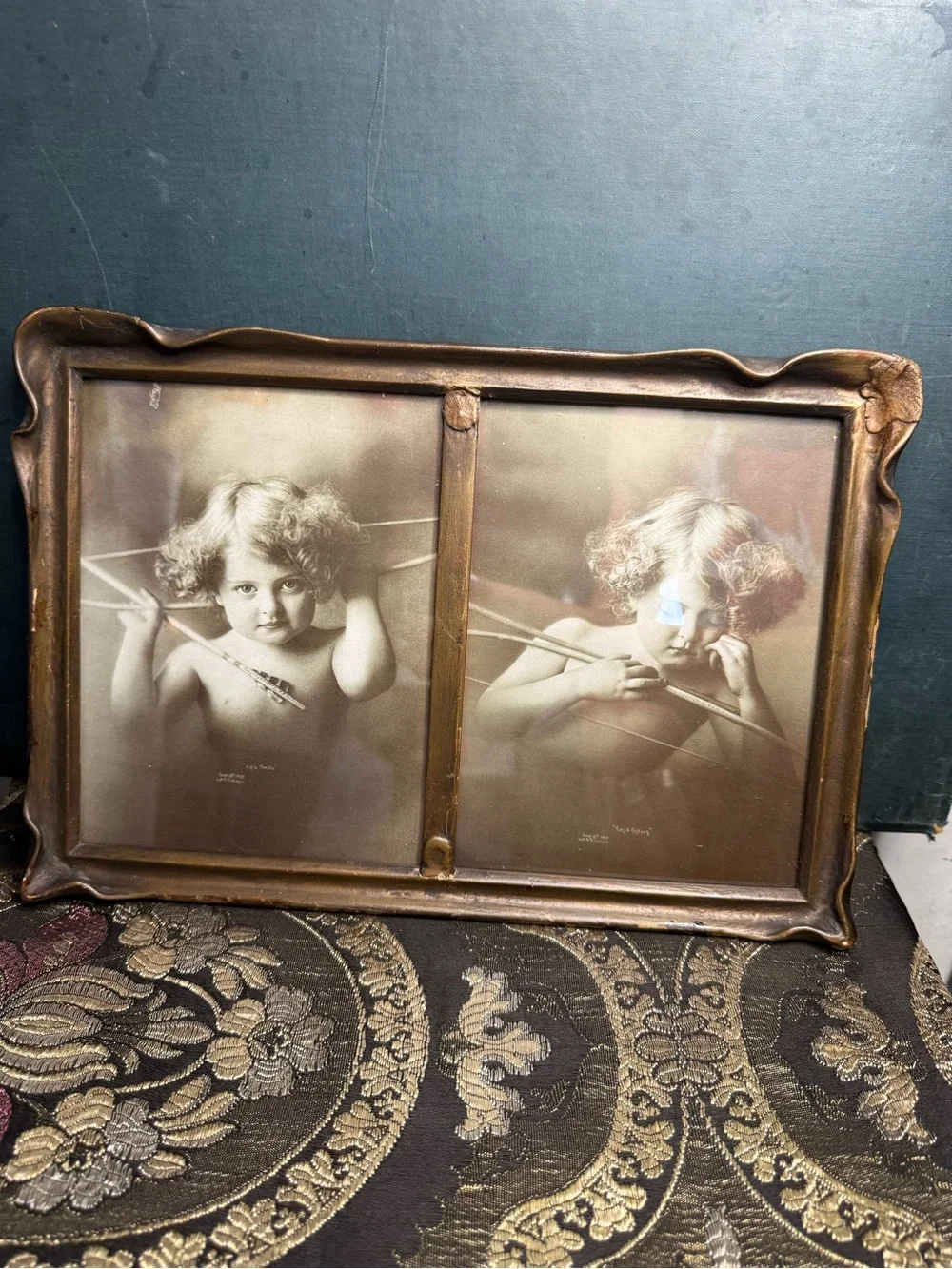 VTG Awake & Sleep Cupid Prints in Gold Tone Double Batwing Frame